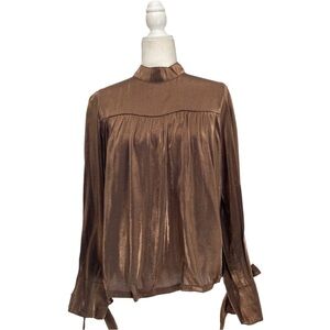 Allison New York Metallic Chiffon Smocked Long Tie bow Sleeve Blouse in Copper